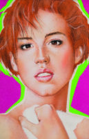 Collage artwork of a closeup of Molly Ringwald on a background that includes a white outline, green outline and pink outline around her face and shoulders. She has red hair and brown eyes. Her right arm is holding a white towel up to the top of her chest and she is looking forward with her mouth open.