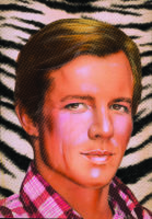 Collage artwork of a closeup of Peter Beard on a zebra-like background. He is wearing a red, white, and black flannel shirt, has brown hair and brown eyes, and is looking forward, smiling.