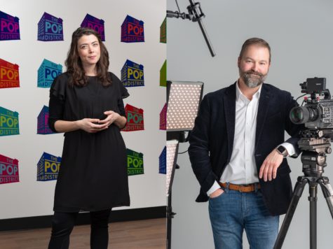 Two photos: Ani Martinez, who is wearing a black dress, stands in front of a wall covered with The Pop District logos in various colors.Christian Lockerman, who is wearing jeans, a white button up shirt, and black suit coat, is standing in front of a gray background while leaning on a video camera on a tripod with his left elbow. To his right is a lighting set up.