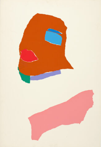 A painting including different shapes of paint that look like a person's face with blue eyeshadow and red lips.