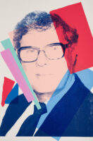 Screenprint of Frederick Weisman in blue wearing a suit and glasses with different shapes of various colors behind and overlapping his face and chest.