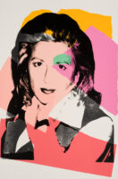 Screenprint of Marcia Weisman in black wearing a white dress shirt and dark vest with different shapes of various colors behind and overlapping her face and chest.
