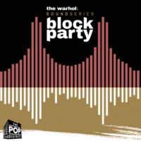 A poster with a sound wave in pink on a black background in the top half and an upside-down sound wave in white on a tan background on the bottom half. Also on the top half, it says, "The Warhol: Sound Series Block Party."