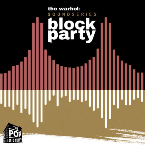 A poster with a sound wave in pink on a black background in the top half and an upside-down sound wave in white on a tan background on the bottom half. Also on the top half, it says, "The Warhol: Sound Series Block Party."