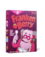 A cereal box sculpture with a pink figure eating cereal and "Franken Berry" as the title.