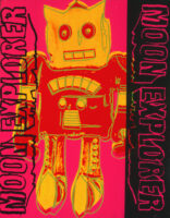 Screenprint of a red and yellow robot with green outlines on a pink background. "Moon Explorer" is on both the left and right side of the image going up and down.