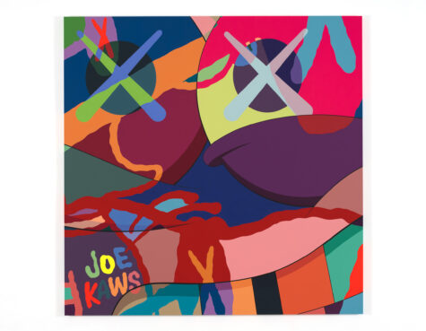 Artwork of a closeup of a figure's face with color paint all over it and x's over the eyes. "Joe Kaws" is in different colors in the bottom, right-hand corner.