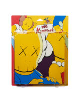 Sculpture of retail packaging with "the Kimpsons" on the top. There are three figures at the top of the packaging with x's on their eyes and a separate piece that appears in the packaging of a closeup of two figures with x's on their eyes.