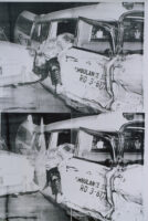 Screenprint of two of the same photographs, one on top of the other, of an ambulance accident with a body halfway hanging out of the back passengers side window.