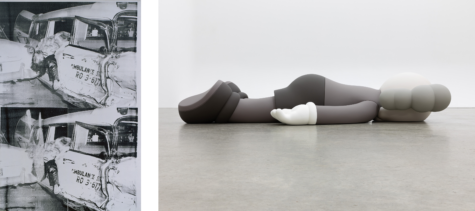 The left image is of Andy Warhol's painting entitled "Ambulance Disaster" (1964-65) depicting a bloodied man laying halfway out of a crashed Ambulance's side window. The image on the right is a sculpture entitled "Companion 2020" (2020) by KAWS. The sculpture is of a cartoon like figure laying face down, appearing exhausted and defeated.