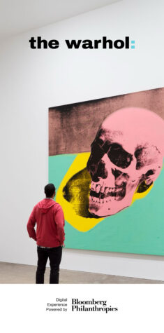 Screenshot of the splash page of The Warhol's Bloomberg Connects app. It includes a photo of a person looking at one of Warhol's Skull paintings in a gallery with white walls.