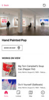 Screenshot of the item page of The Warhol's Bloomberg Connects app. It includes a photo of people looking at artworks by Andy Warhol hanging in a gallery of The Warhol and says, "Hand Painted Pop" underneath. Below that is "Works on View" with a listing of various artworks.