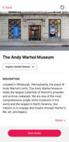 Screenshot of the home page of The Warhol's Bloomberg Connects app. It includes a photo of the facade of The Warhol and says, "About the Museum" underneath.