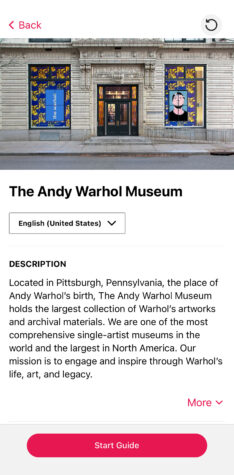 Screenshot of the home page of The Warhol's Bloomberg Connects app. It includes a photo of the facade of The Warhol and says, "About the Museum" underneath.