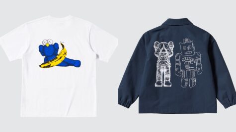 White T-shirt featuring a playful graphic of a blue cartoon-like figure by the artist KAWS lying with a banana by Andy Warhol and a navy blue jacket with white embroidered designs of a cartoon-like figure by the artist KAWS and a vintage robot by Andy Warhol on the back.