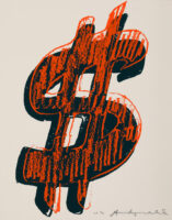 Artwork by Andy Warhol featuring two overlapping dollar signs in red against a light background.