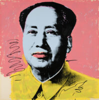 Vibrant pop art portrait of Mao Zedong by Andy Warhol, featuring bright pink and yellow colors.