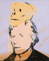 Artwork by Andy Warhol featuring an image of Warhol with a skull on top of his head against a pale, abstract background.