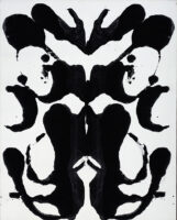 Inkblot artwork resembling a Rorschach test pattern, featuring a symmetrical design with abstract black shapes on a white background.