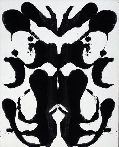 Inkblot artwork resembling a Rorschach test pattern, featuring a symmetrical design with abstract black shapes on a white background.
