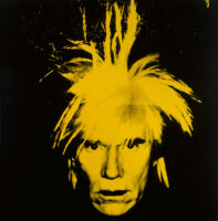 Artwork featuring a high-contrast, stylized screenprinted portrait of Andy Warhol in yellow with spiked hair against a black background.
