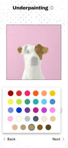 Screenshot the "Underpainting" feature, showing a white dog with brown ears against a pink background, above a palette of various colors.