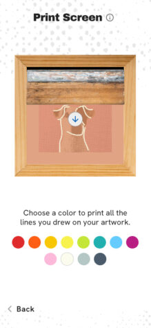 Screen capture of the 'Print Screen' feature interface in a mobile app, displaying an artwork inside of a screenprinting aparatus with a stylized dog image, and color selection options below for customizing the print.
