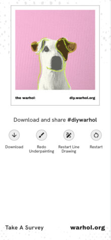 Warhol-inspired artwork featuring a stylized image of a dog against a pink background. Includes options to download the artwork, redo painting, restart drawing, or take a survey. Visit diy.warhol.org for more details.